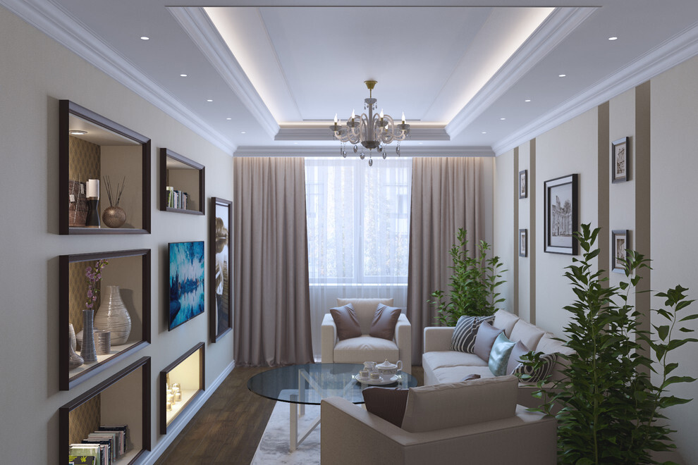 Интерьер гостиной с проходной, проемом, световыми линиями, подсветкой настенной, подсветкой светодиодной и с подсветкой в современном стиле
