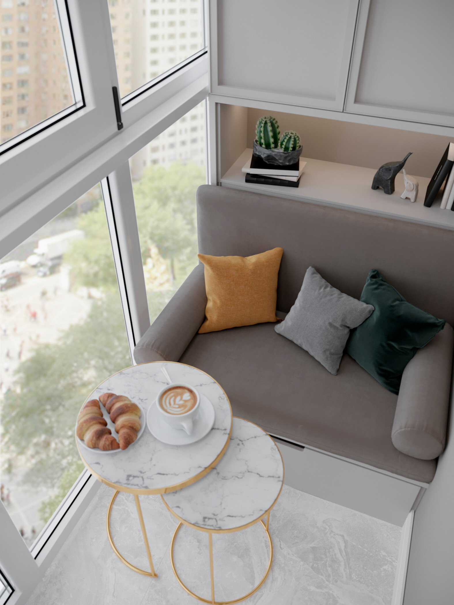 Интерьер гостиной с диваном у окна и балконом в современном стиле