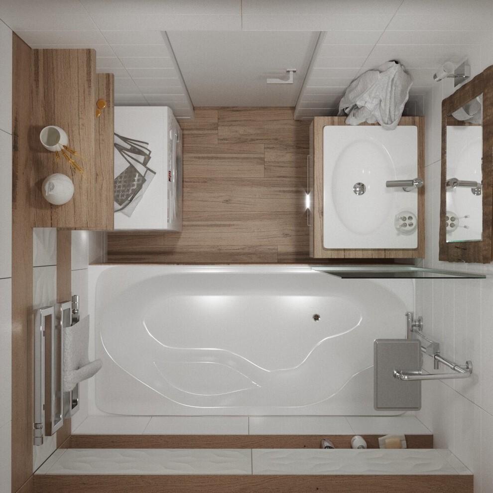 Интерьер ванной cовмещенным санузлом в современном стиле, в стиле лофт, в стиле кантри и эко