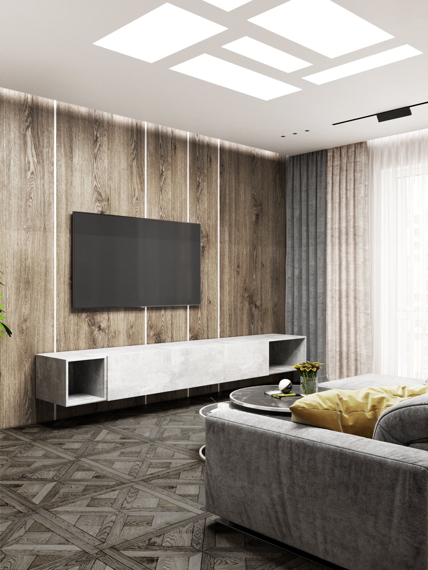 Интерьер гостиной cтеной с телевизором, телевизором на рейках, телевизором на стене и керамогранитом на стену с телевизором в современном стиле