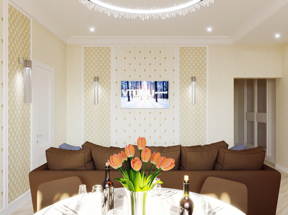 Интерьер гостиной cветовыми линиями, подсветкой настенной, подсветкой светодиодной и с подсветкой в неоклассике
