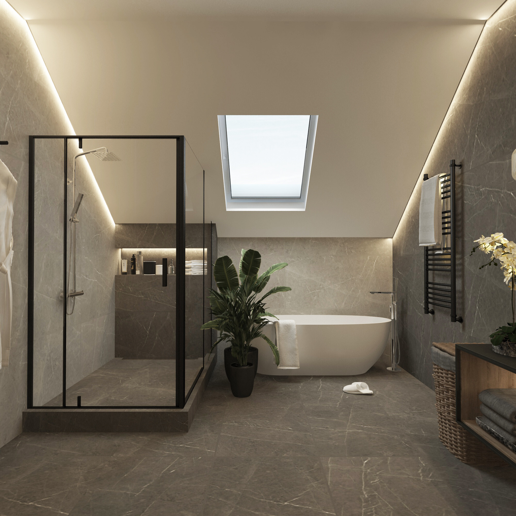 Интерьер ванной с подсветкой настенной, подсветкой светодиодной и с подсветкой в стиле лофт