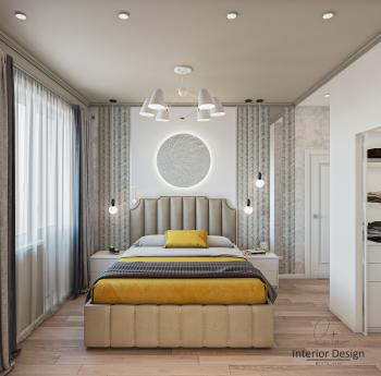 Интерьер спальни с бра над кроватью и светильниками над кроватью в классическом стиле