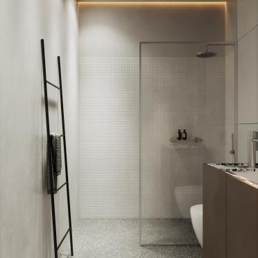 Интерьер ванной с душевой из плитки и нишей из плитки  смотреть на Basicdecor