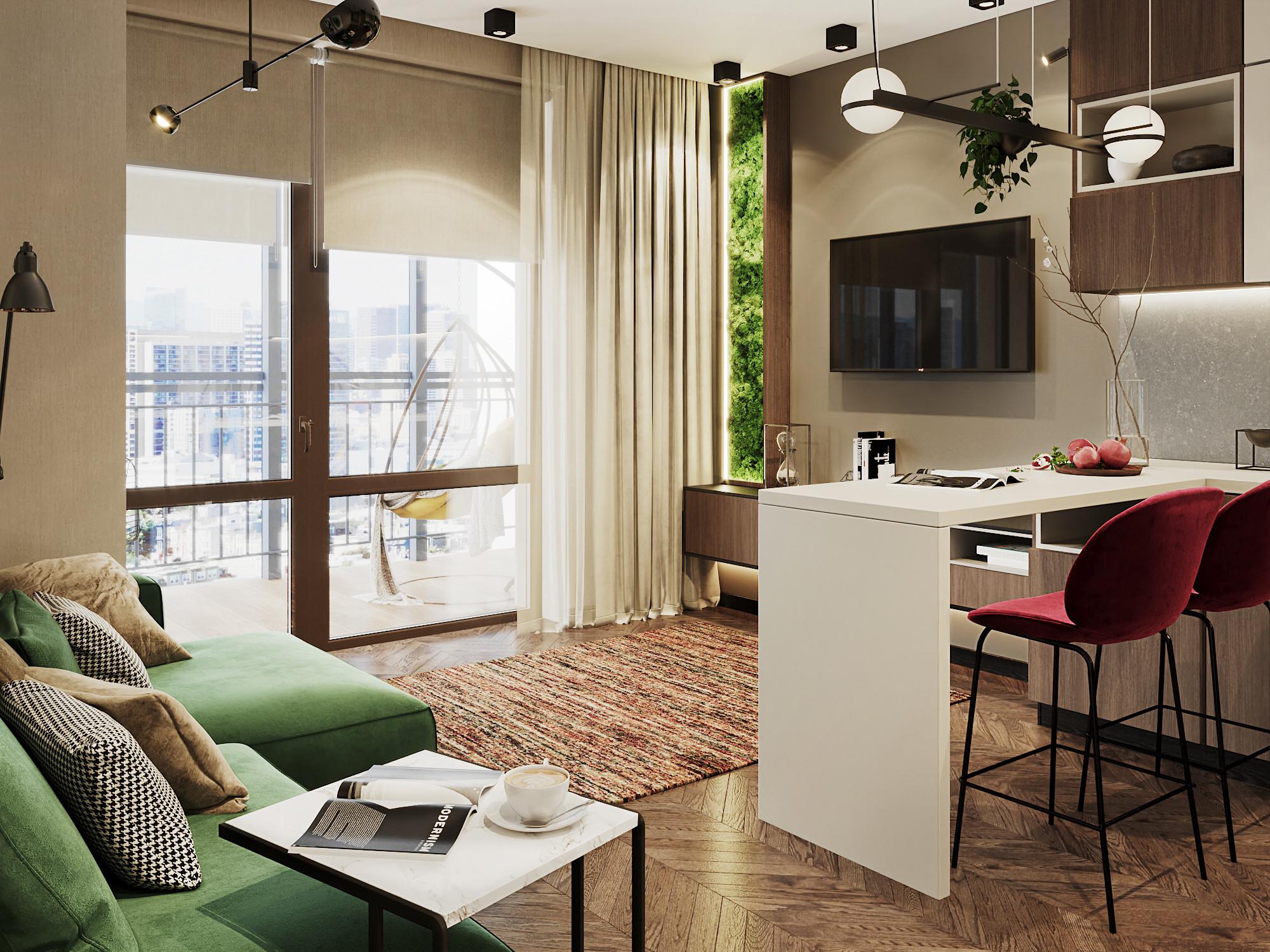 Интерьер гостиной с зонированием и open space в современном стиле и в стиле лофт