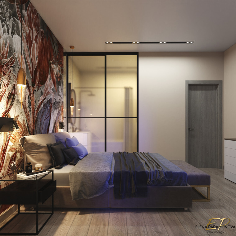 Интерьер спальни с подсветкой настенной, светильниками над кроватью и с подсветкой в стиле лофт