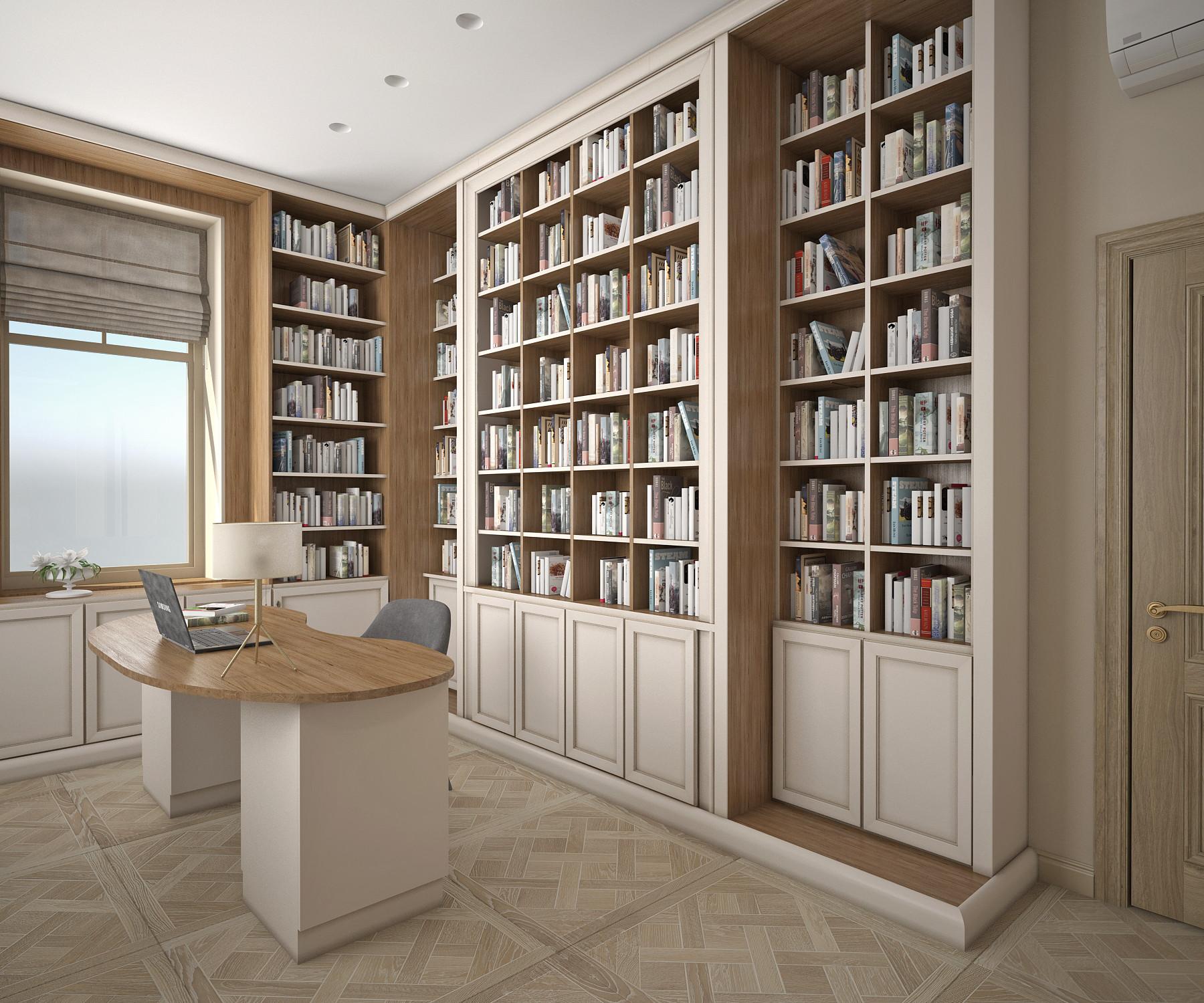Интерьер кабинета с библиотекой в неоклассике