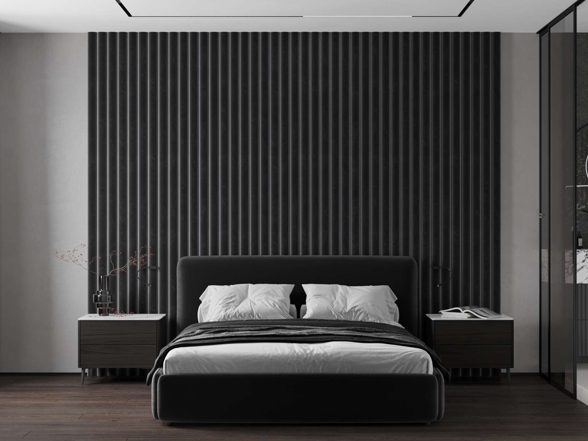 Интерьер спальни с телевизором на рейках и вертикальными жалюзи в современном стиле и в стиле лофт