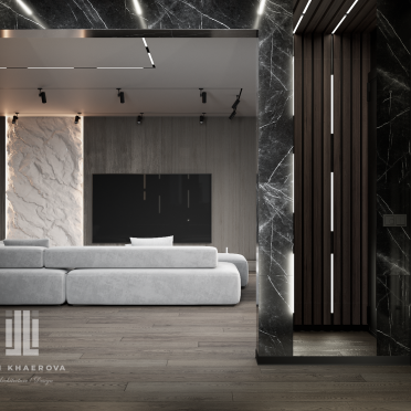 Интерьер гостиной с проходной в современном стиле и гоблинкоре смотреть на Basicdecor
