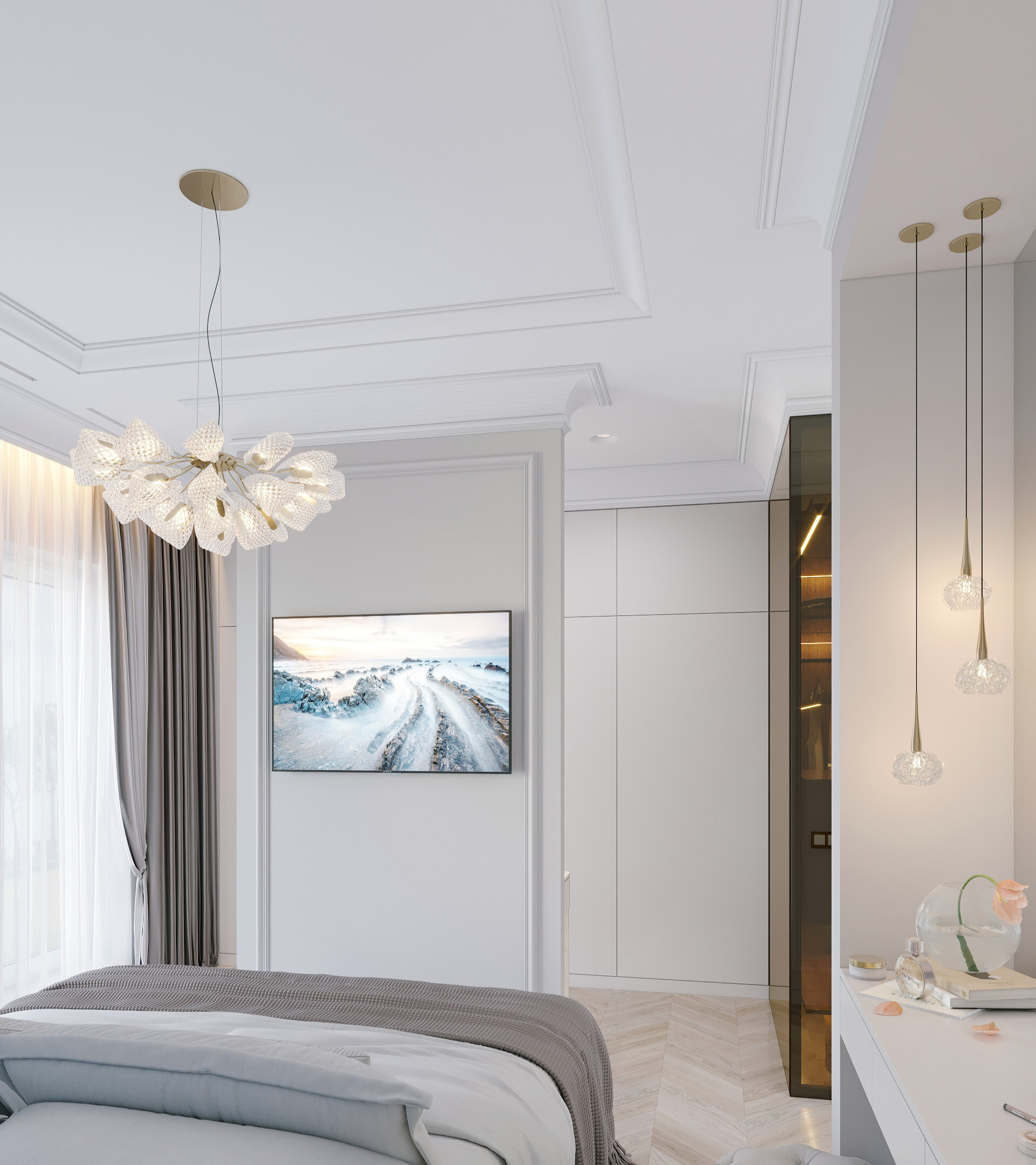 Интерьер спальни cветовыми линиями, подсветкой настенной, подсветкой светодиодной и светильниками над кроватью в классическом стиле
