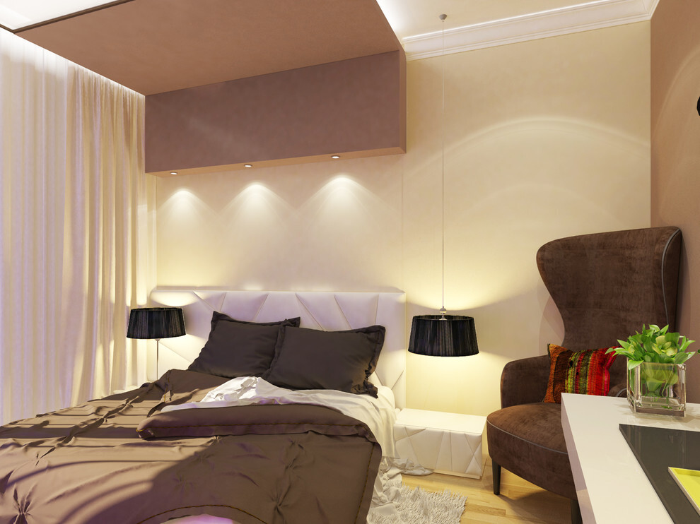 Интерьер спальни с нишей с подсветкой, рейками с подсветкой, подсветкой настенной, подсветкой светодиодной, светильниками над кроватью и с подсветкой в современном стиле