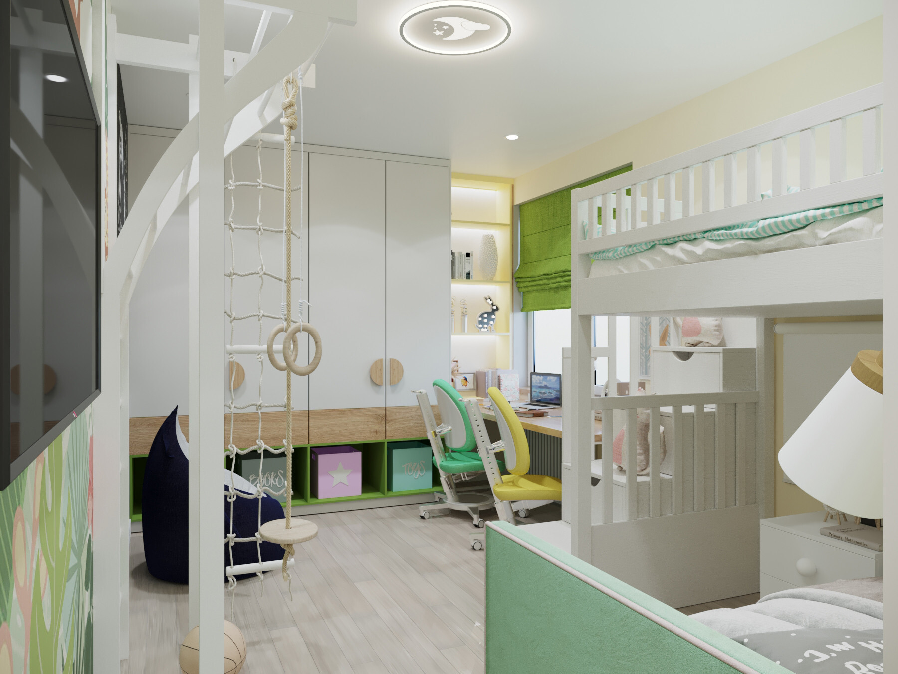 Интерьер детской c рабочим местом, с детской и подсветкой светодиодной в современном стиле