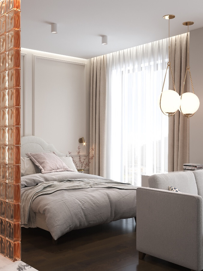 Интерьер спальни с подсветкой настенной и светильниками над кроватью в современном стиле