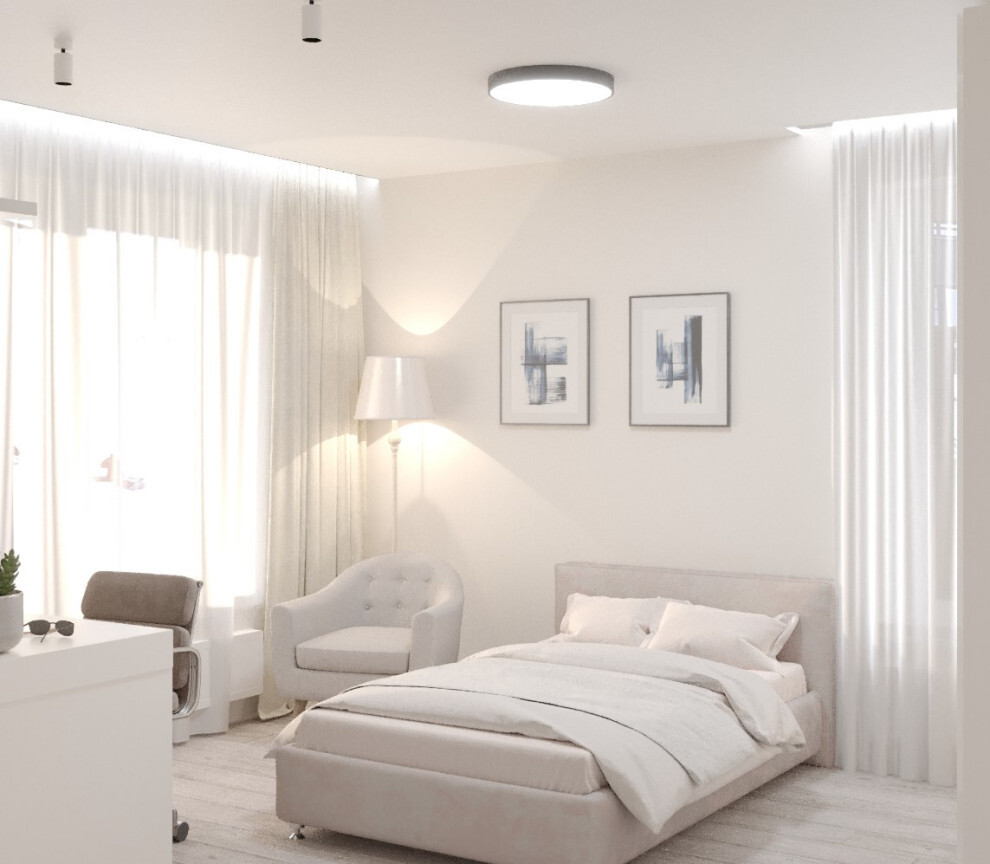 Интерьер спальни c рабочим местом и подсветкой светодиодной в скандинавском стиле