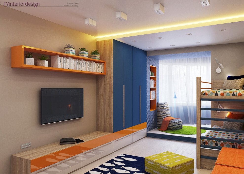 Интерьер гостиной c детской, с антресолью и подсветкой светодиодной в современном стиле