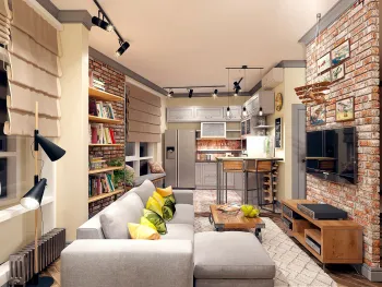 Интерьер гостиной с объединенной гостиной в стиле лофт смотреть на Basicdecor