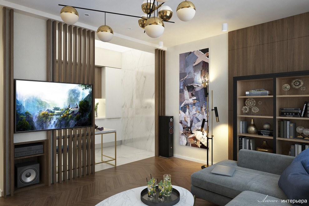 Интерьер гостиной cтеной с телевизором, керамогранитом на стену с телевизором, рейками с подсветкой и подсветкой настенной в современном стиле