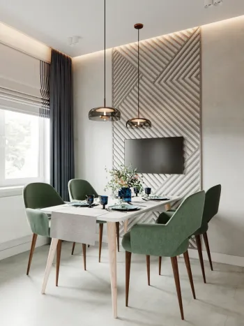 Интерьер столовой cветильниками над столом  смотреть на Basicdecor