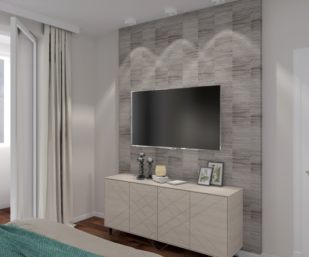 Интерьер ванной cтеной с телевизором, телевизором на стене, керамогранитом на стену с телевизором и подсветкой настенной в современном стиле