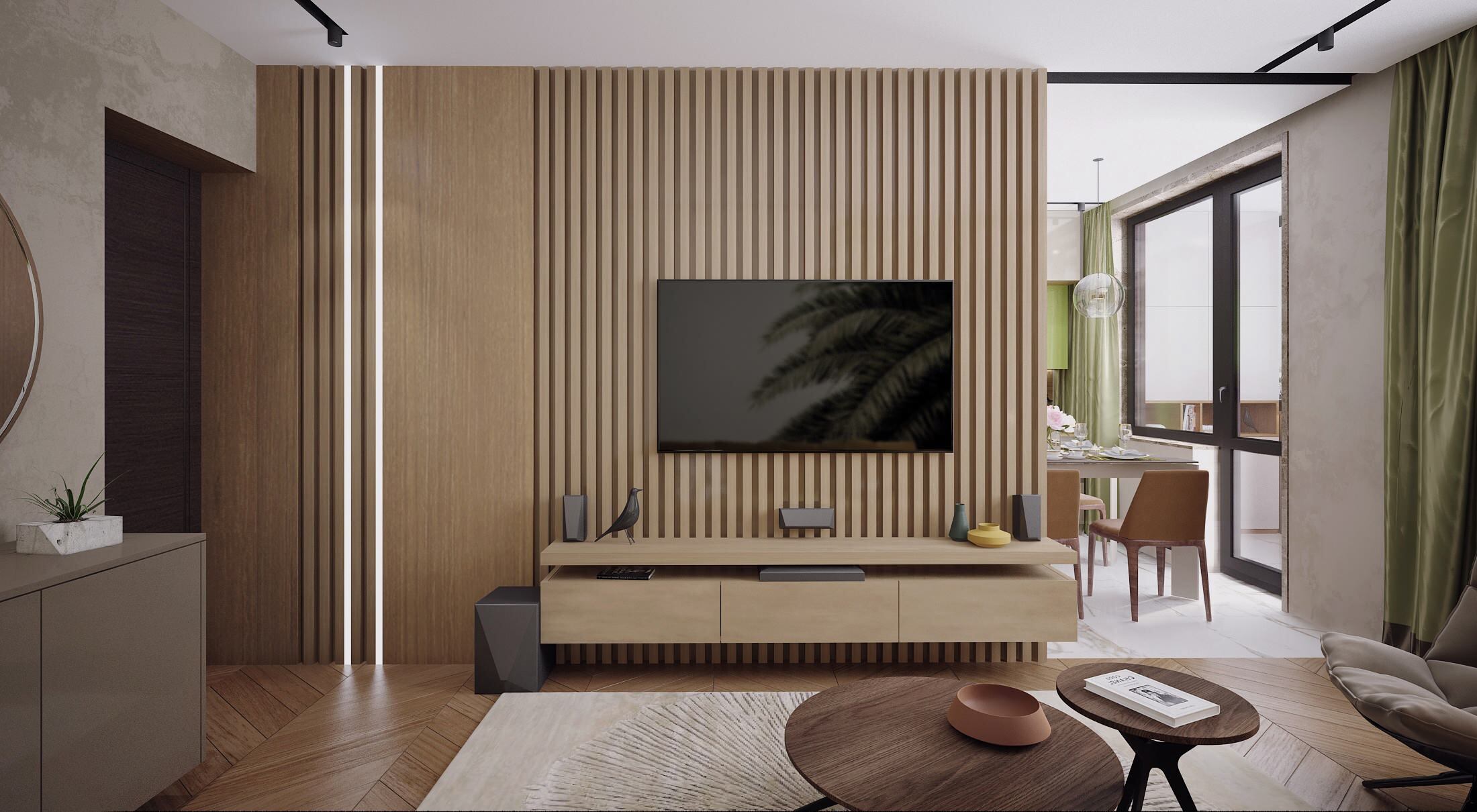 Интерьер гостиной cтеной с телевизором, телевизором на рейках, керамогранитом на стену с телевизором, вертикальными жалюзи и рейками с подсветкой