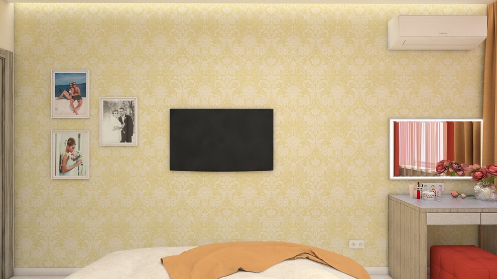 Интерьер спальни с панно за телевизором, стеной с телевизором и телевизором на стене