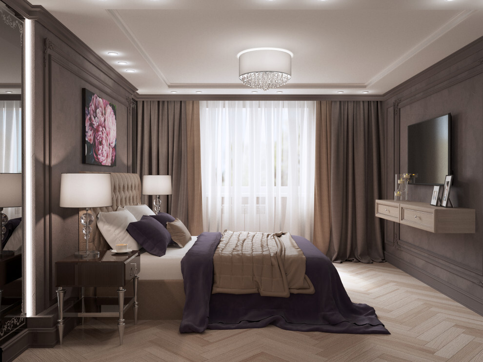 Интерьер спальни cветовыми линиями, подсветкой светодиодной, светильниками над кроватью и с подсветкой в неоклассике