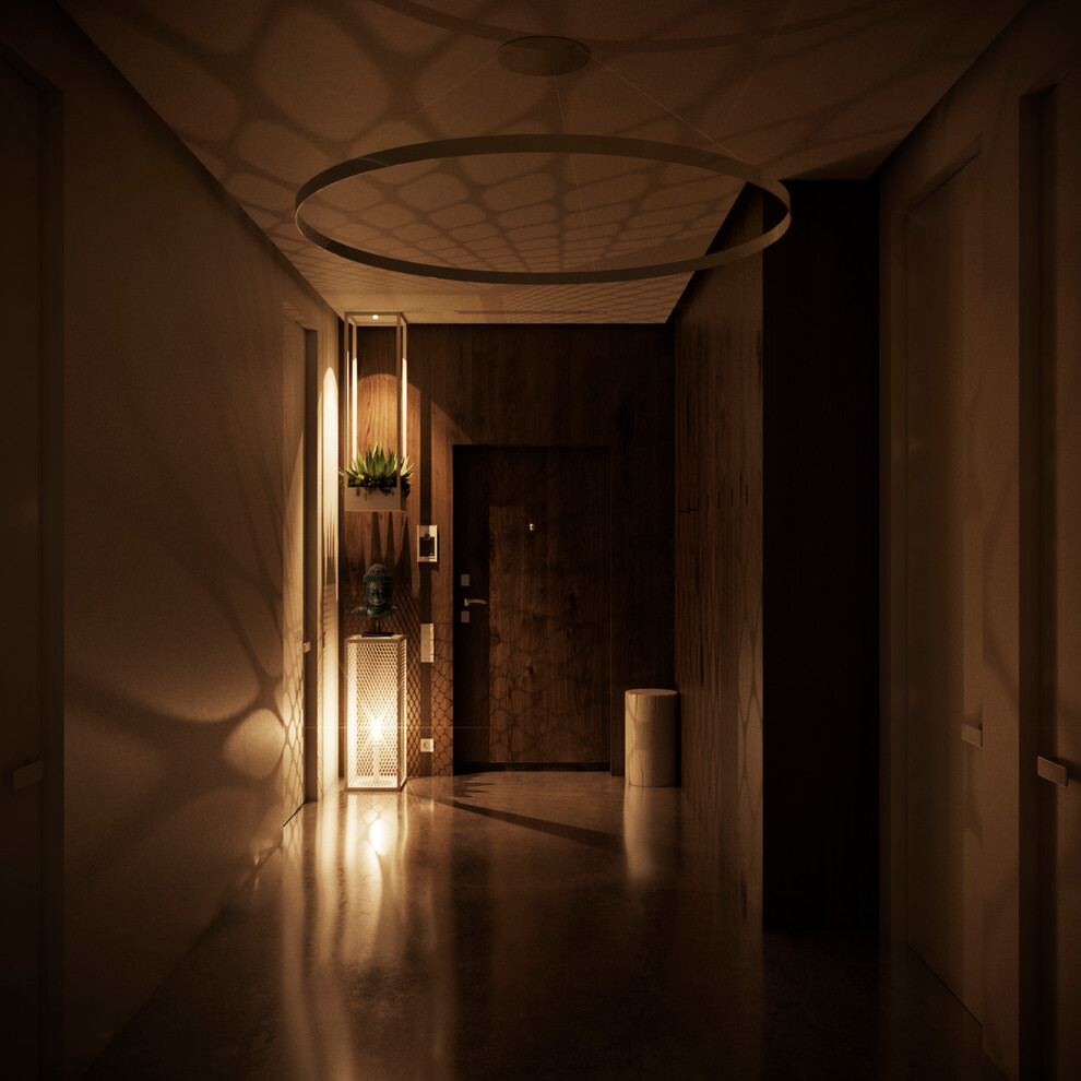 Интерьер коридора с нишей с подсветкой, проходной, рейками с подсветкой, подсветкой настенной, подсветкой светодиодной и с подсветкой в современном стиле