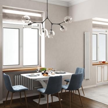 Интерьер кухни cветильниками над столом  смотреть на Basicdecor