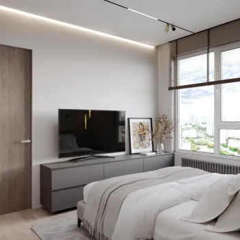 Интерьер спальни cветовыми линиями и с подсветкой  смотреть на Basicdecor