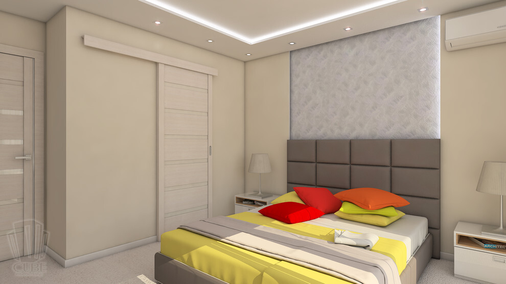 Интерьер спальни cветовыми линиями, рейками с подсветкой, подсветкой настенной и подсветкой светодиодной