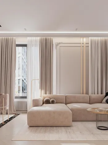 Интерьер гостиной с зонированием шторами  смотреть на Basicdecor