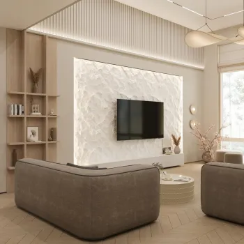 Интерьер гостиной с нишей для телевизора  смотреть на Basicdecor