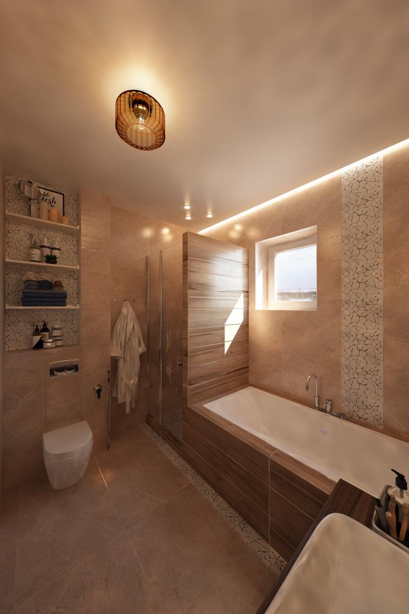 Интерьер ванной с нишей с подсветкой, сауной, световыми линиями, подсветкой настенной, подсветкой светодиодной и с подсветкой