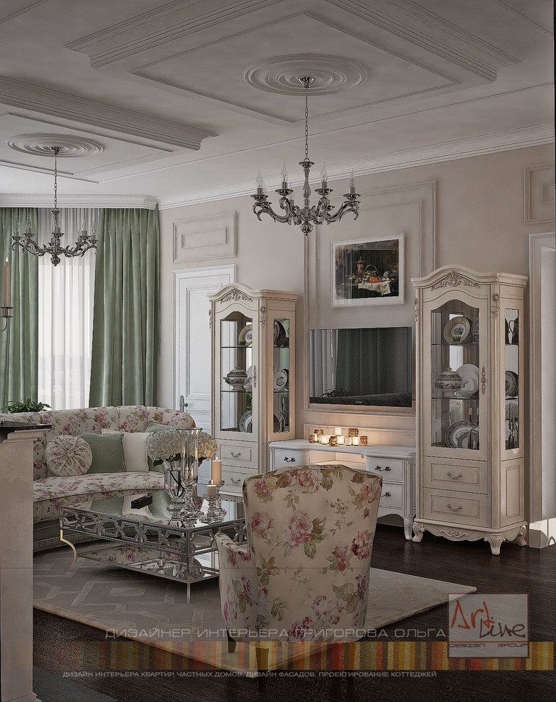 Интерьер гостиной в классическом стиле, в стиле кантри и рококо