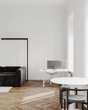Интерьер гостиной c рабочим местом в современном стиле смотреть на Basicdecor