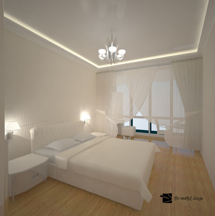 Интерьер спальни с подсветкой настенной, подсветкой светодиодной, светильниками над кроватью и с подсветкой в современном стиле
