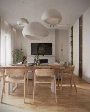 Интерьер столовой c обеденной зоной и светильниками над столом  смотреть на Basicdecor