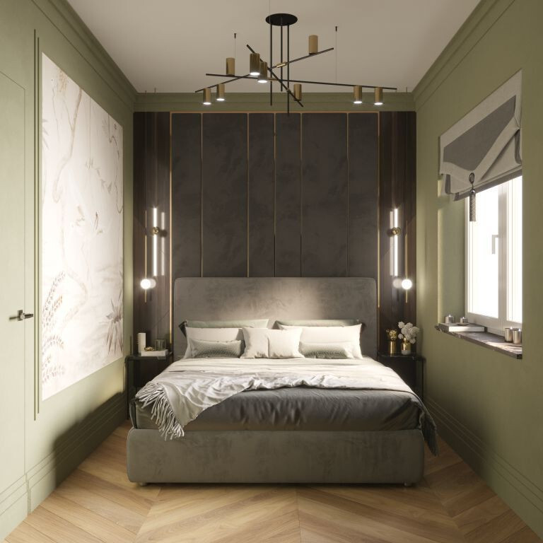 Интерьер спальни cветовыми линиями, бра над кроватью, подсветкой настенной и светильниками над кроватью в современном стиле