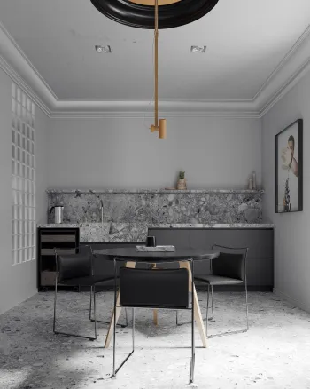 Интерьер кухни cветильниками над столом  смотреть на Basicdecor