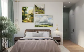 Интерьер спальни с картинами над камином  смотреть на Basicdecor