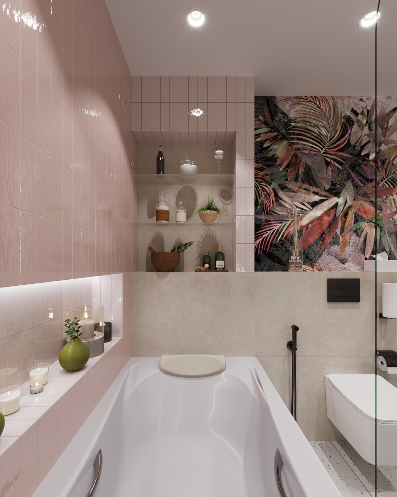 Интерьер ванной cовмещенным санузлом в современном стиле и тропическом