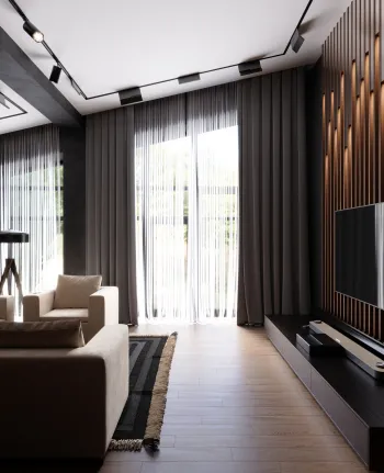 Интерьер гостиной с телевизором на рейках  смотреть на Basicdecor