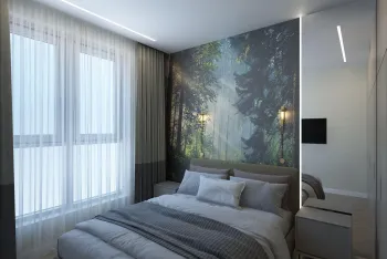 Интерьер спальни cветильниками над кроватью, с подсветкой, акцентной стеной за кроватью и акцентными обоями за кроватью  смотреть на Basicdecor