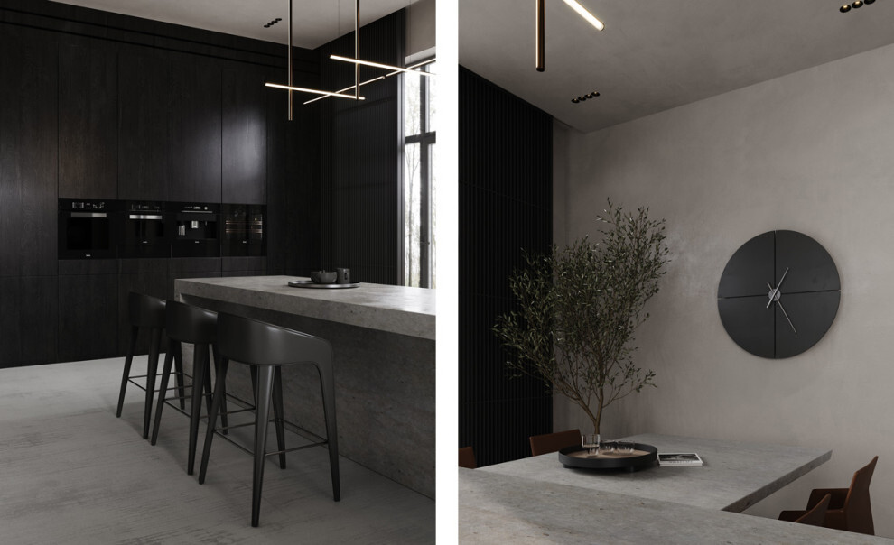Интерьер кухни с нишей с подсветкой, подсветкой настенной, подсветкой светодиодной и с подсветкой в современном стиле