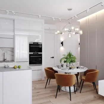 Интерьер кухни cветильниками над столом  смотреть на Basicdecor