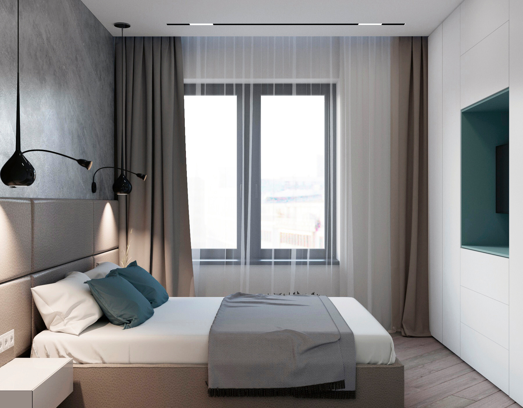 Интерьер спальни с панно за телевизором, световыми линиями, рейками с подсветкой, подсветкой настенной и подсветкой светодиодной в современном стиле