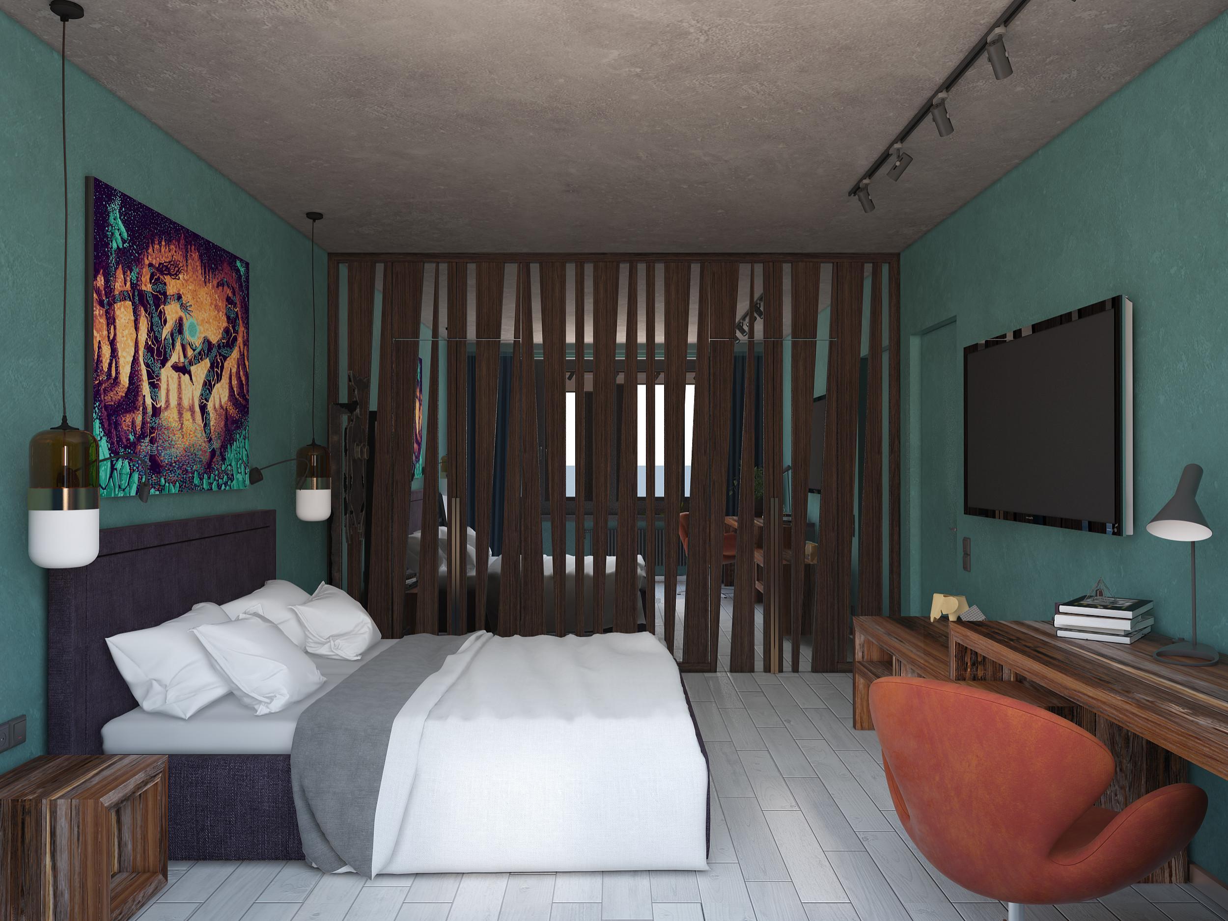 Интерьер спальни с рейками с подсветкой и подсветкой настенной в стиле лофт