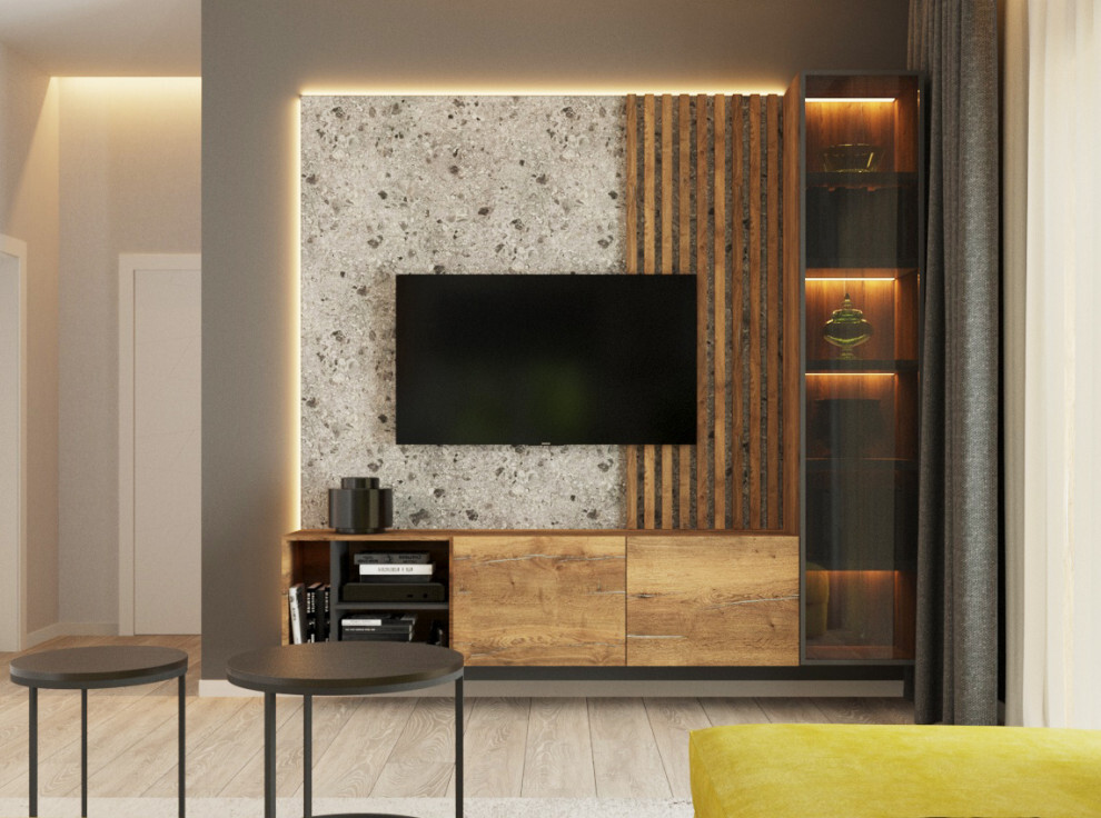 Интерьер гостиной с панно за телевизором, стеной с телевизором, телевизором на стене и керамогранитом на стену с телевизором в современном стиле