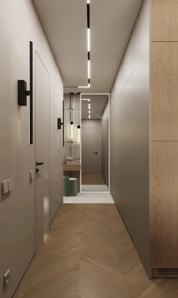 Интерьер прихожей с проходной, световыми линиями и с подсветкой  смотреть на Basicdecor