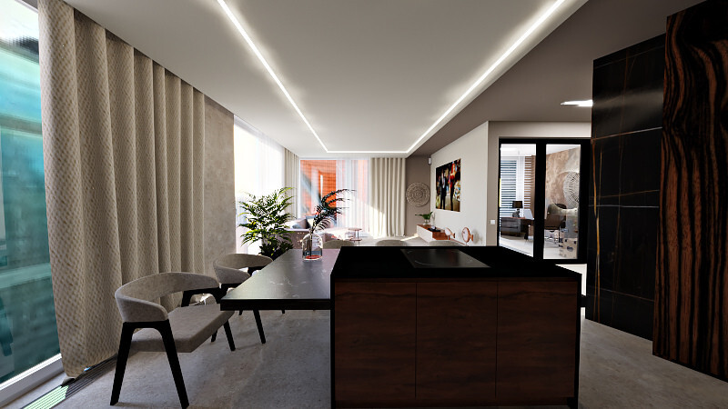Интерьер кухни cветовыми линиями, рейками с подсветкой, подсветкой настенной, подсветкой светодиодной и с подсветкой в современном стиле